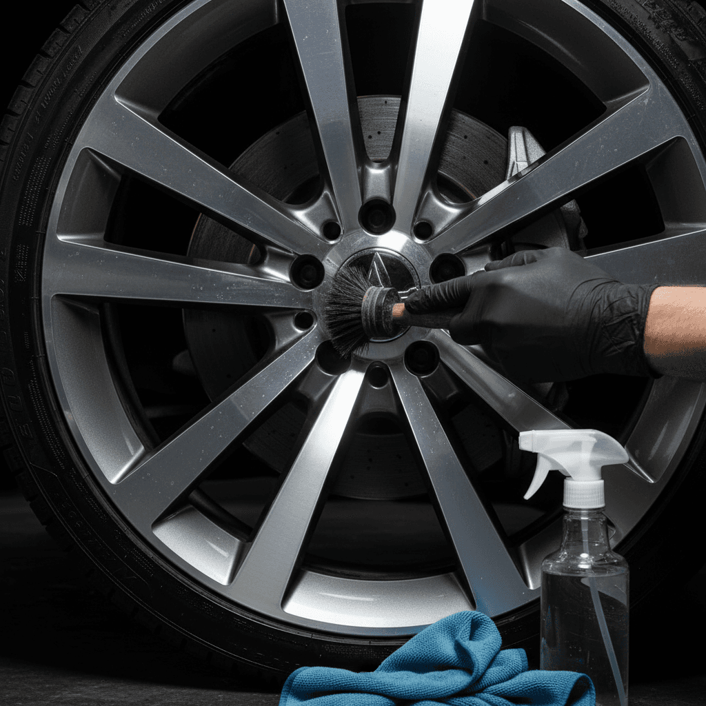 Wheel and tire care service showing professional brake dust removal