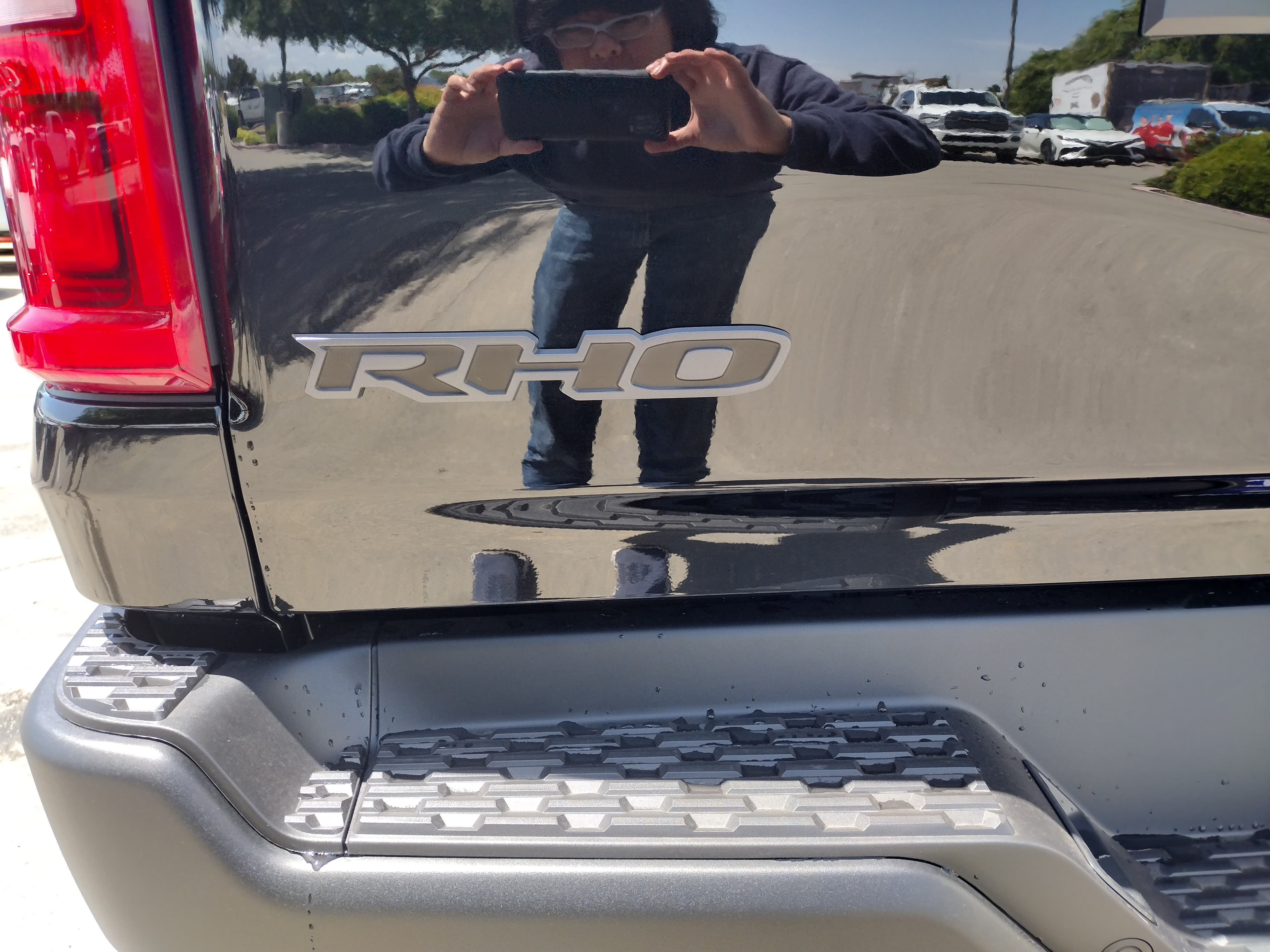 Silver RHO emblem on a black truck tailgate with a red taillight and gray bumper.