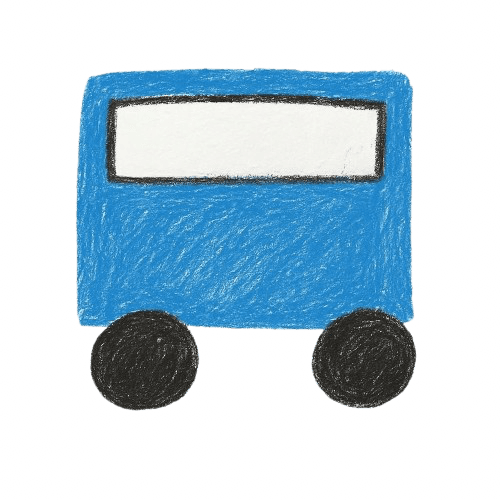 Simple blue bus with two black wheels and a white window, hand-drawn with crayons.