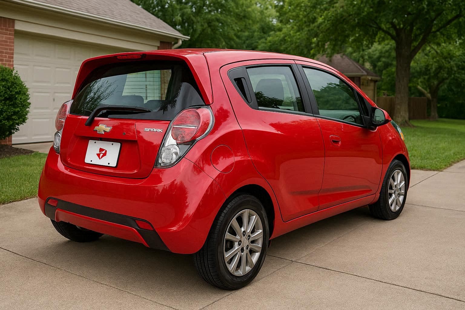 Red Chevrolet Spark hatchback parked on a concrete driveway in front of a suburban home.