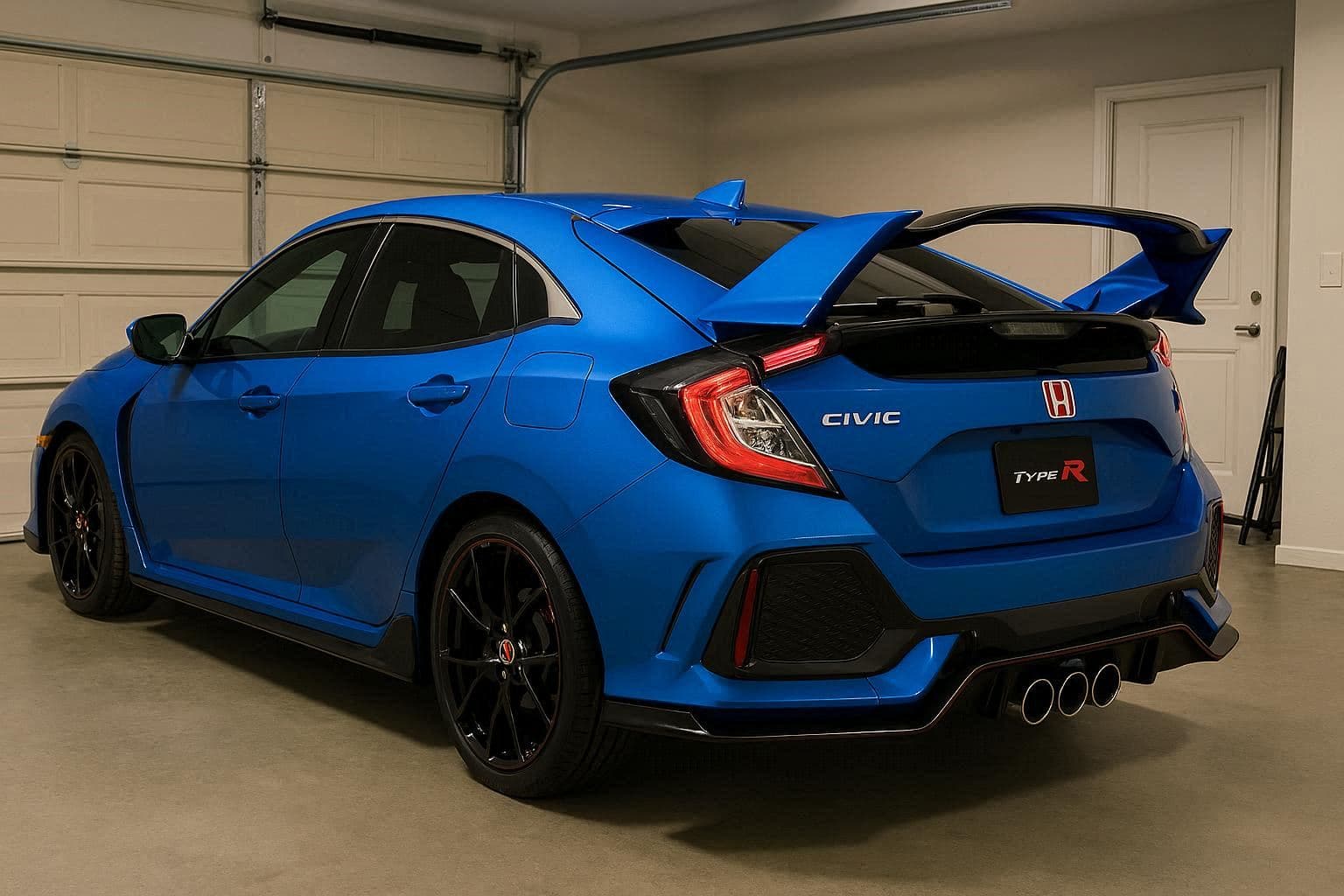 Vibrant blue Honda Civic Type R with a large rear wing parked in a garage.